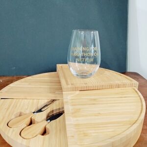 Elegant Bamboo Cheese Board Set with Blue Knives With Wine Glass